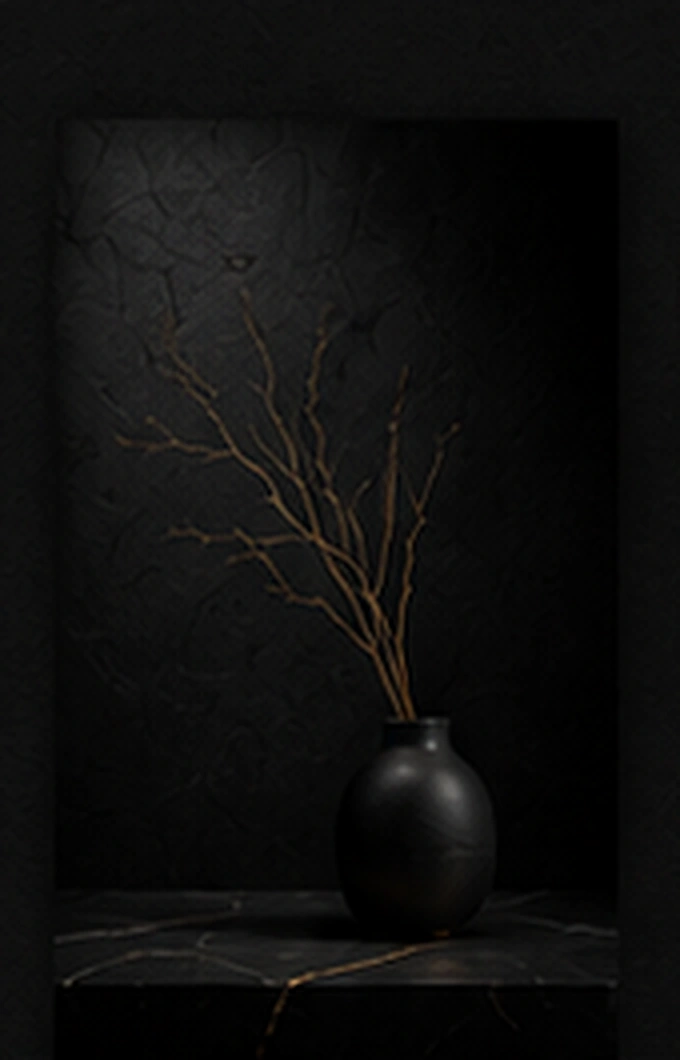 Minimal black vase with gold branches in a dark stone setting