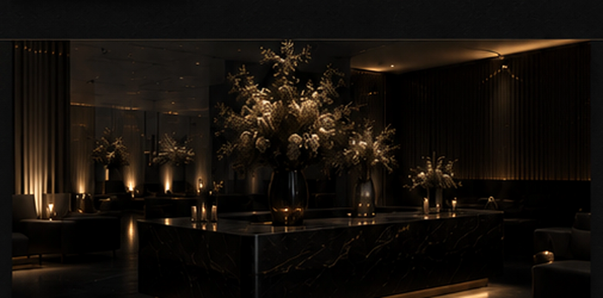 Luxury event lounge with black marble and warm architectural lighting